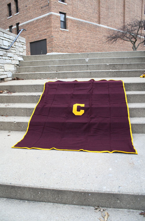 60X80in Wool Maroon Blanket W/Gold Trim And "C"