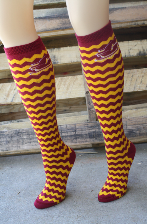 Maroon And Gold Knee High Chevron Flying C Socks The CMU Bookstore