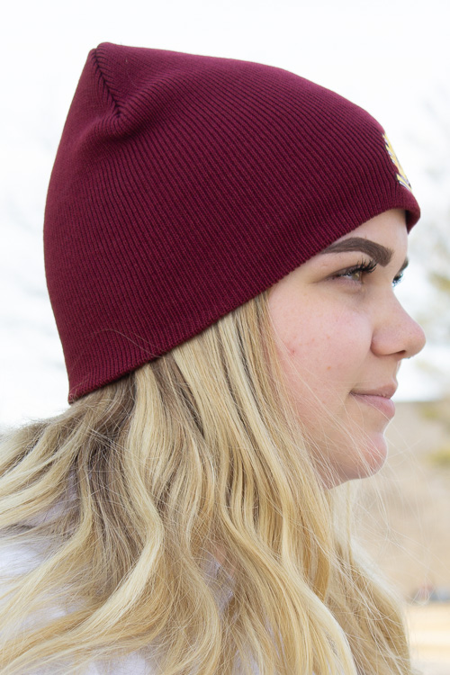 Knit Maroon Beanie with Gold Action C