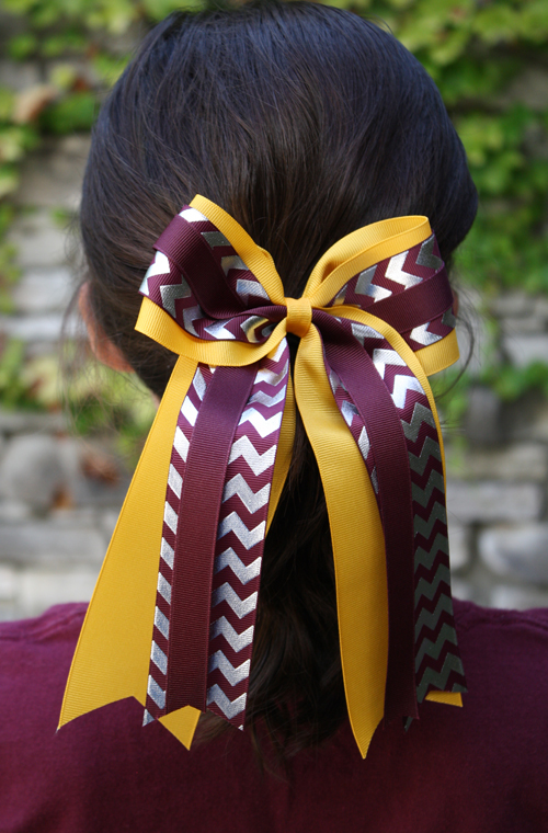 Maroon & Gold with Silver Foil Chevron Layered Bow Hair Tie (SKU 5017024123)