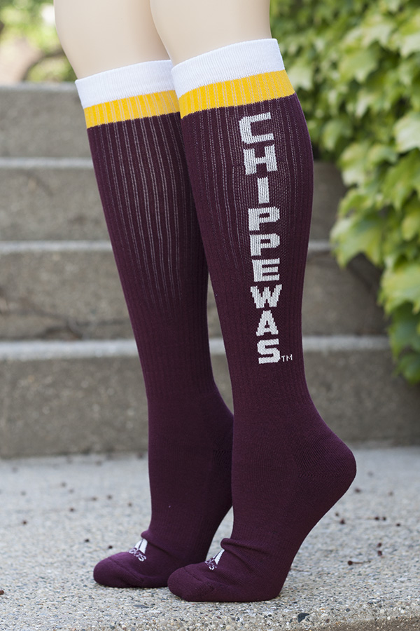 Adidas Ladies Maroon Knee High Socks with Vertical Chippewas The CMU Bookstore