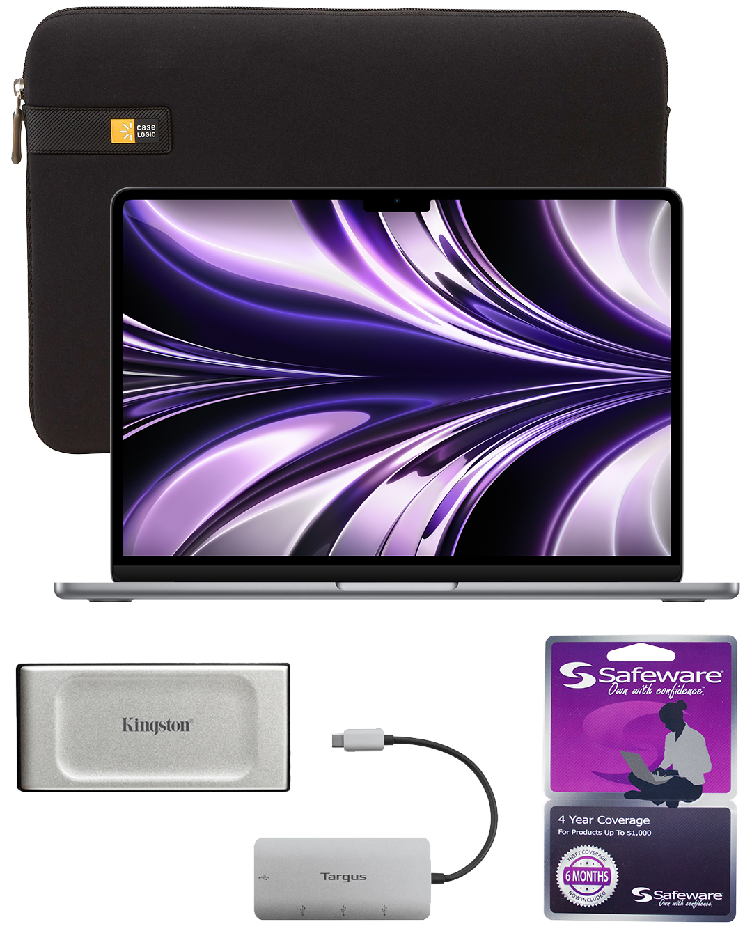 13-inch MacBook Air with Safeware 4 year warranty, 13-inch protective sleeve, 1TB external hard drive with USB-C Adapter and 4-port USB 3.0 hub