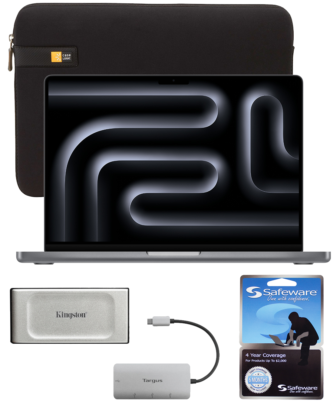13-inch MacBook Pro with Safeware 4 year warranty, 13-inch protective sleeve, 1TB external hard drive and 4-port USB 3.0 hub
