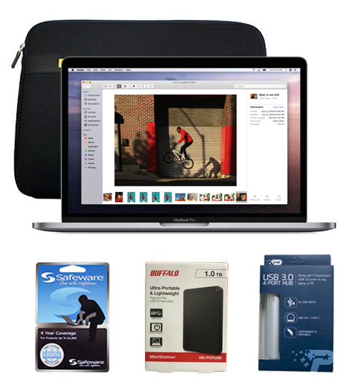 13-inch MacBook Pro with Safeware 4 year warranty, 13-inch protective sleeve, 1TB external hard drive and 3-port USB 3.0 hub
