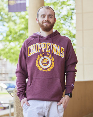 Distressed CMU Chippewas Graphic Seal Maroon Raglan Hoodie