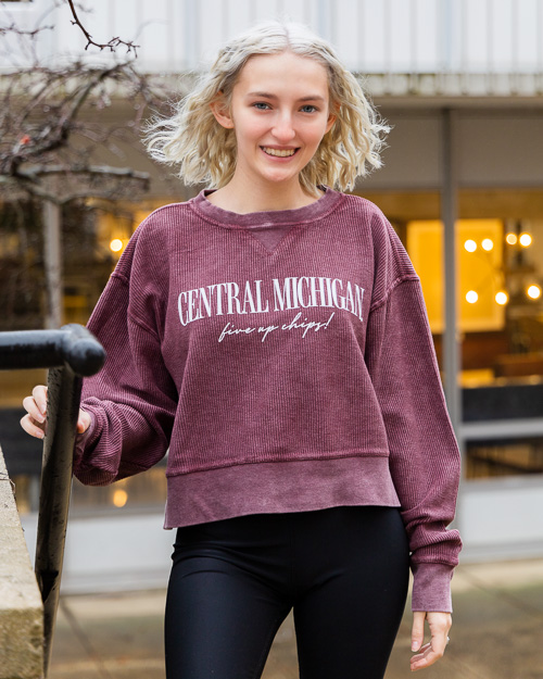 Central Michigan Fire Up Chips! Maroon Corded Boxy Crewneck Sweatshirt<br><brand>CHICKA-D</brand>