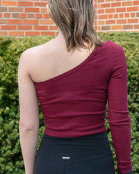 Action C Maroon Women's One Shoulder Long Sleeve Crop Top