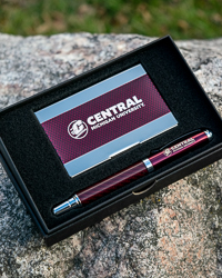 Central Michigan Maroon & Chrome Business Card Holder & Pen Set