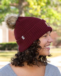 Action C Maroon Waffle Weave Fleece Lined Knit Pom Hat