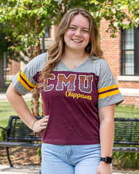 CMU Rhinestone Chippewas Maroon & Gray Color Block Women's V-Neck T-Shirt