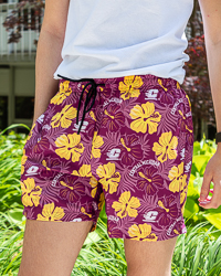 Central Michigan Action C Maroon & Gold Coastal Floral Pattern Men's Swim Shorts