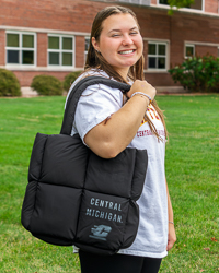 Central Michigan Action C Black Quilted Puff Tote Bag