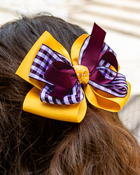 Maroon & Gold Double-Fluff Gingham Layered Hair Bow Clip