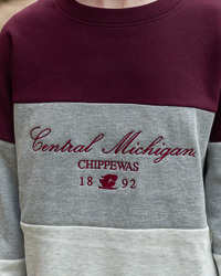 Central Michigan Script CMU Chippewas 1892 Women's Maroon & Gray Color Block Crewneck Sweatshirt