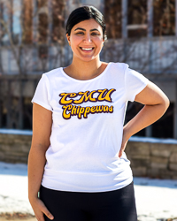 CMU Chippewas Glitter Script Women's White Ribbed T-Shirt