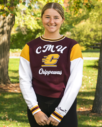 3D Script CMU Chippewas Action C Women’s Maroon & Gold Color Block Crop Crewneck Sweatshirt