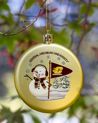 Central Michigan University Snowman with Action C Flag Gold Flat Holiday Ornament