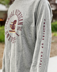 Central Michigan University Action C CMU Fire Up Chips! Women’s Oxford Gray Long Sleeve T-Shirt