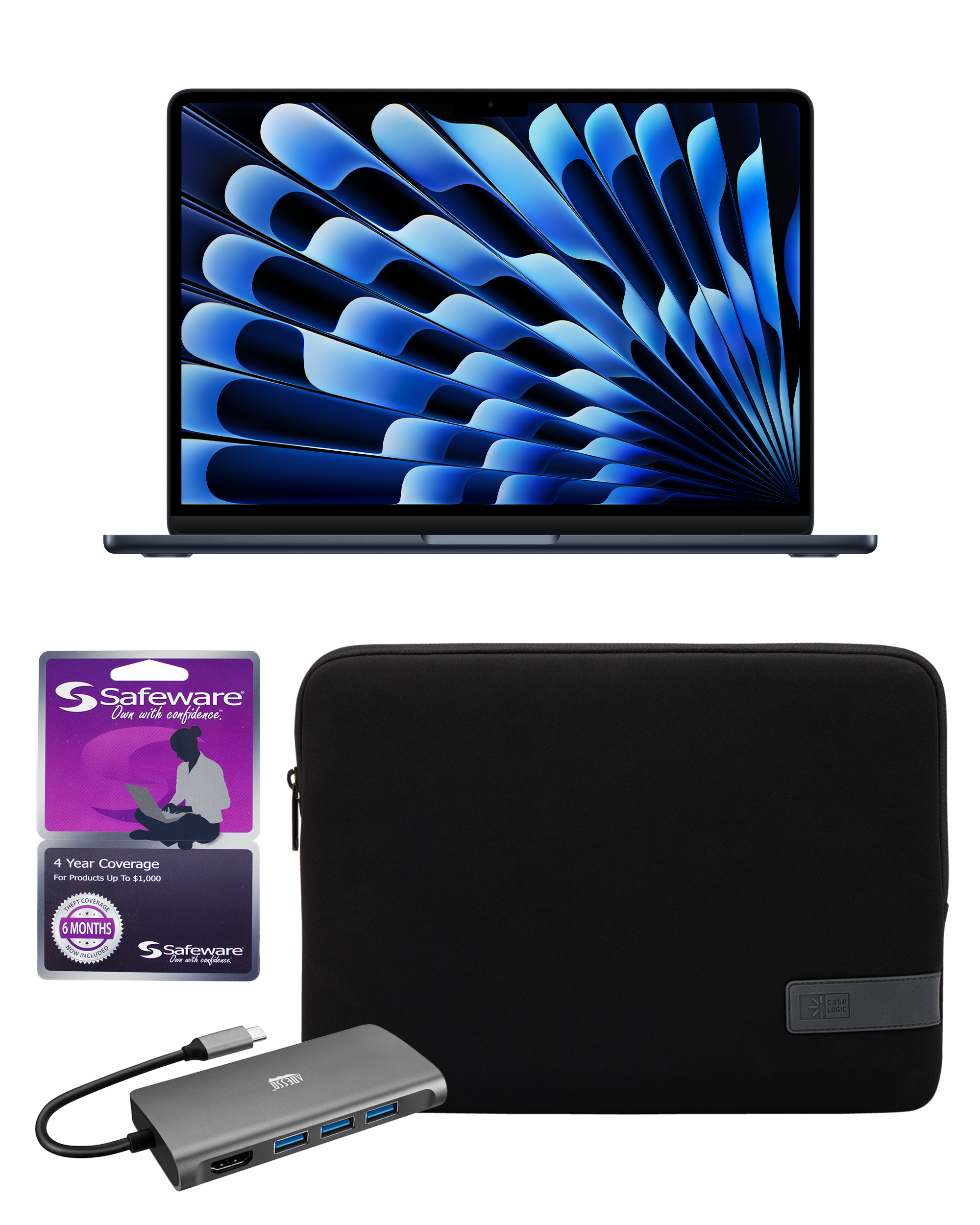 13-inch MacBook Air with Safeware 4 year warranty, 13-inch protective sleeve, and Multi-Port Docking Station