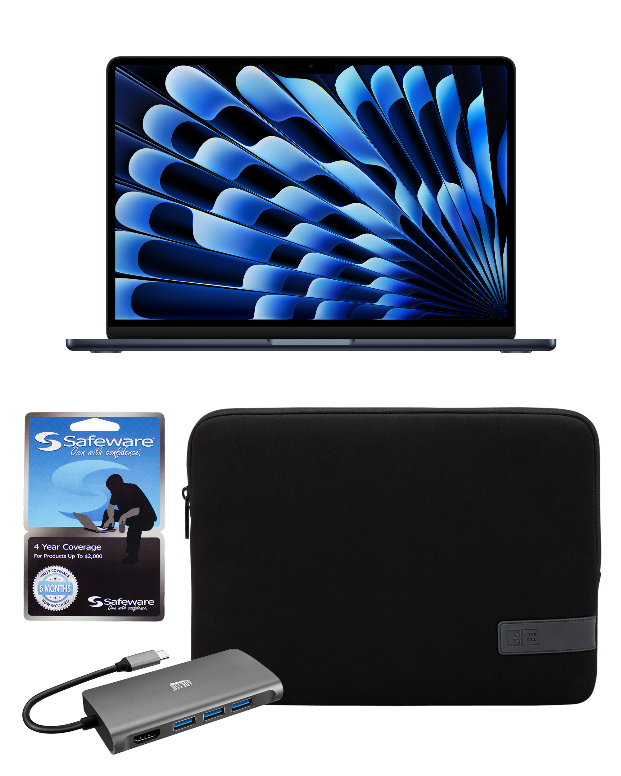 13-inch MacBook Air with Safeware 4 year warranty, 13-inch protective sleeve, and Multi-Port Docking Station