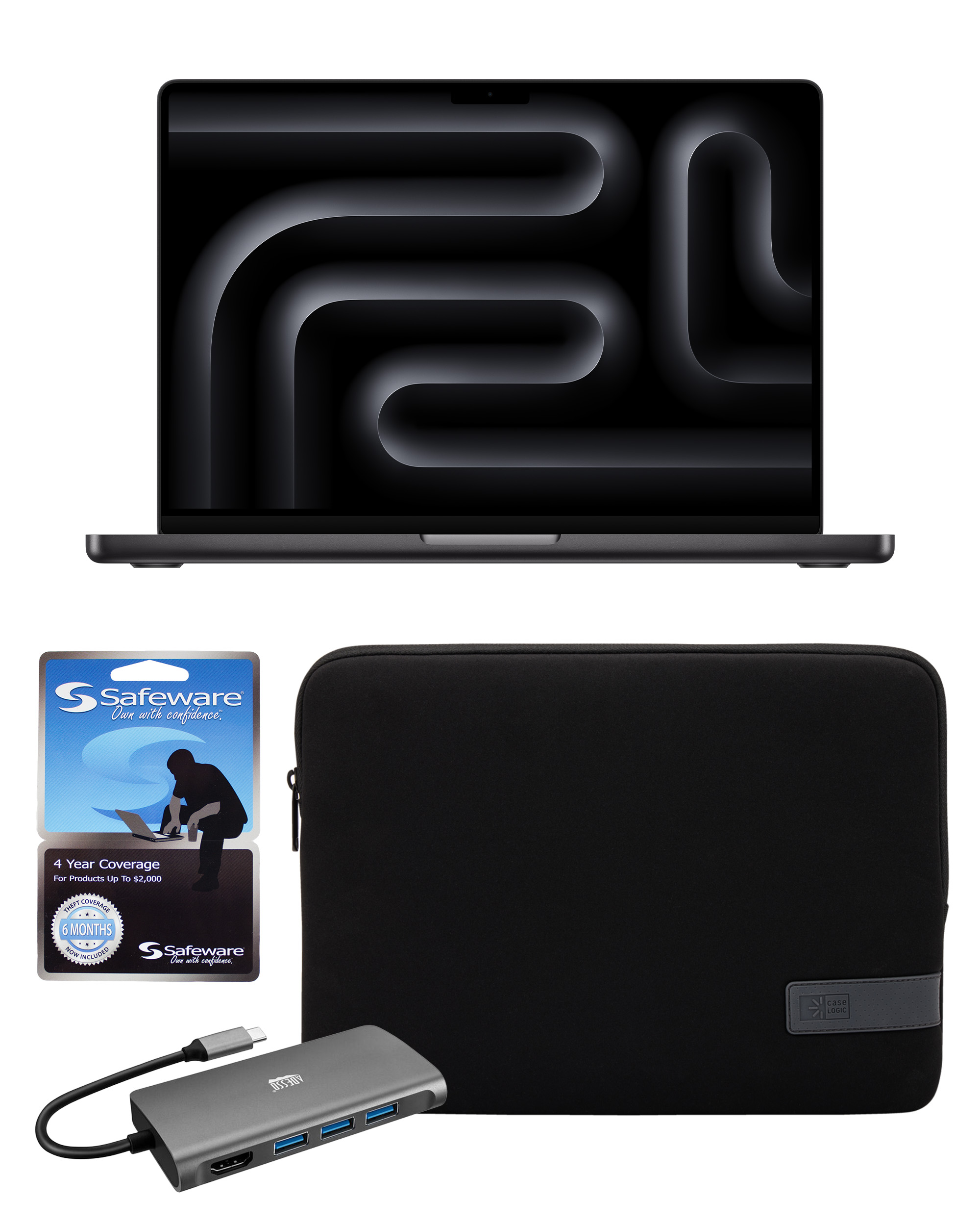 14-inch MacBook Pro with Safeware 4 year warranty, 14-inch protective sleeve, and Multi-Port Docking Station